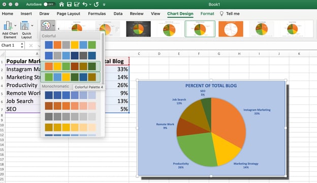 The color options for your pie chart in excel as pre-set by excel.